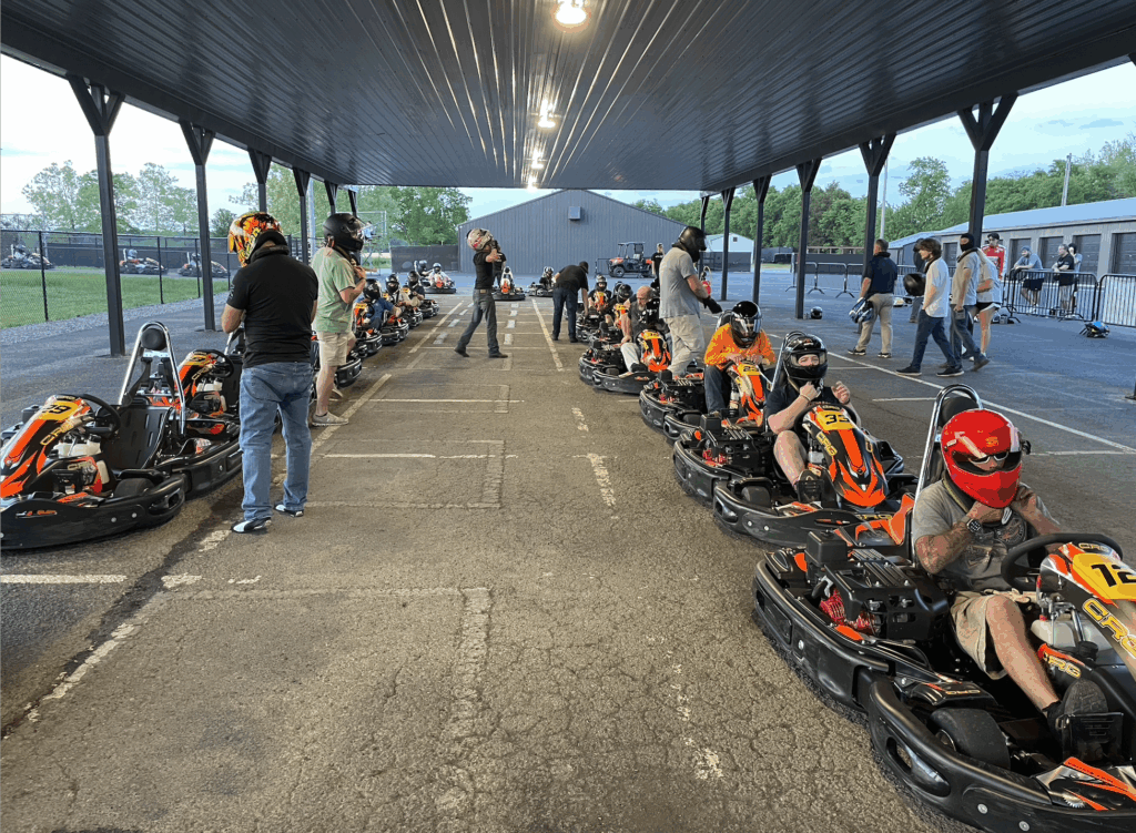 Rental karts lined up to race for the rental racing league at Music City Kartplex outdoor karting facility